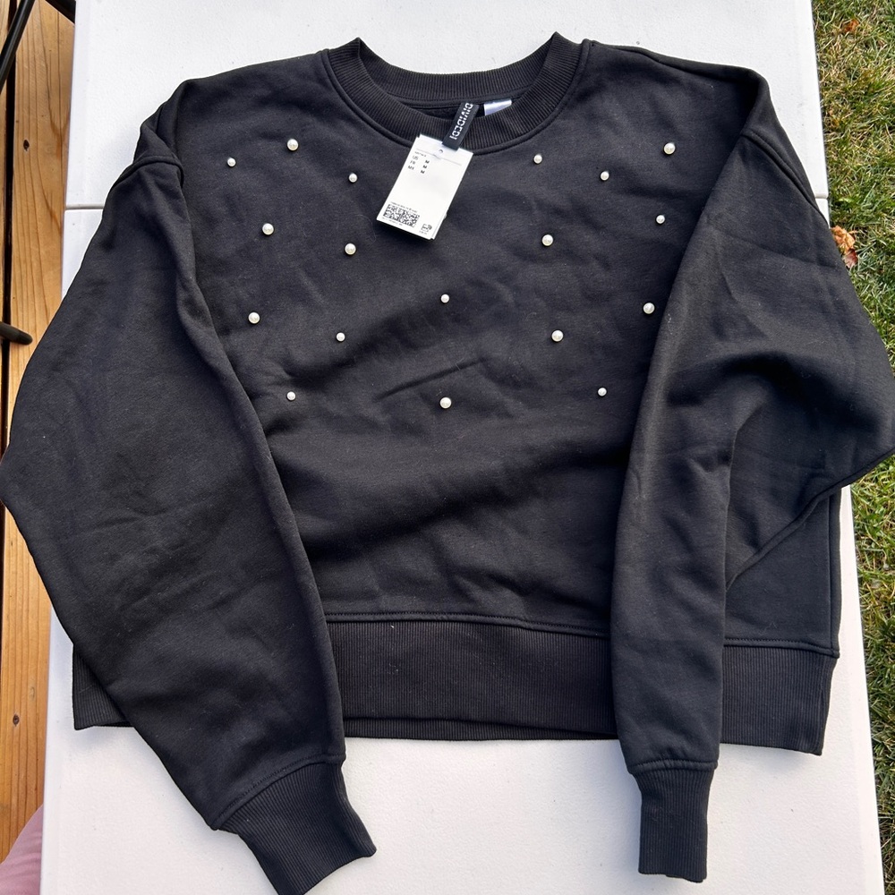 H&M Black Sweater with Pearl Embellishments